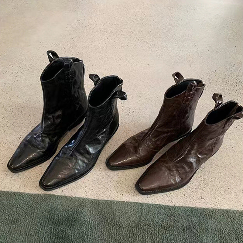 2025 2025 new autumn and winter fashionable pointed V mouth fashionable retro denim thin boots thick heel wrinkled western short boots women