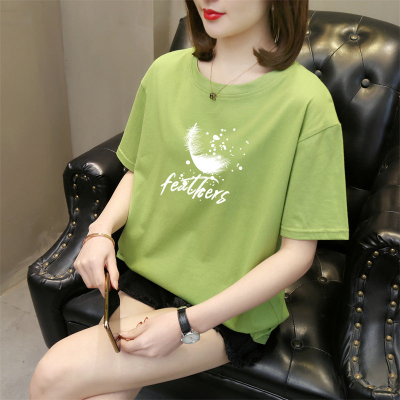 In Stock Factory Summer New Korean Style Short Sleeve T-shirt Women's round Neck Cotton Printed Top Trendy Casual Women's Clothing