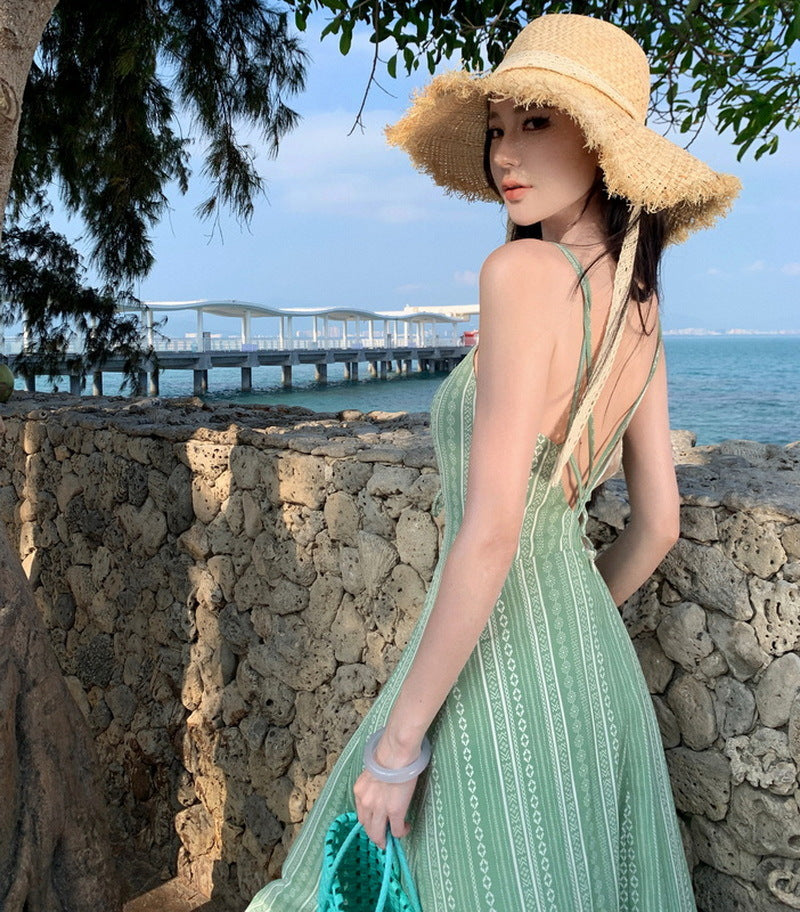 2025 Seaside photo clothes super fairy light green print suspender dress Yunnan seaside vacation backless slim dress