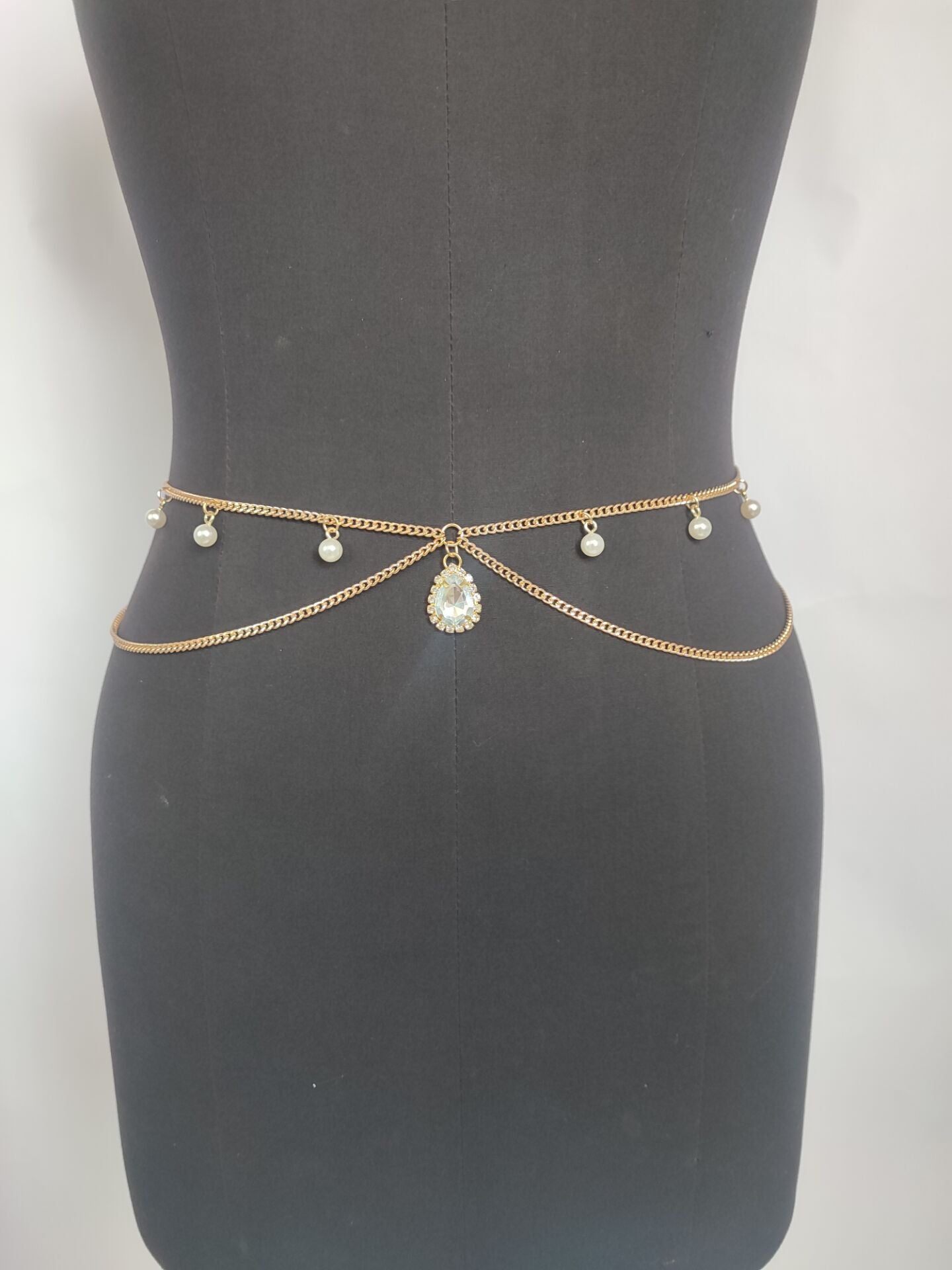 2025 MW3082 2025 waist chain crystal gemstone pearl grain pendant double layer cross metal thin chain waist chain