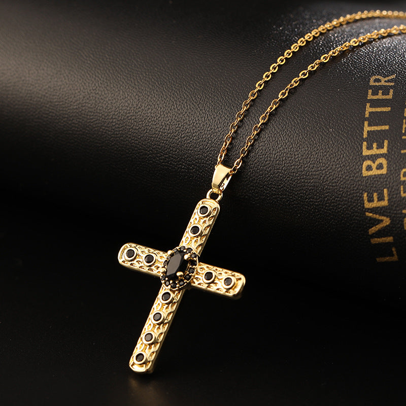 INS Vintage Gold Cross Necklace Personalized Pendant Zircon European and American Style Necklace Special-Interest Design Titanium Steel Clavicle Chain