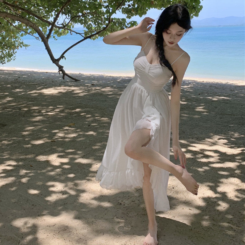2025 Lotus leaf edge sexy halter split fairy dress summer super fairy white long suspender skirt seaside vacation dress