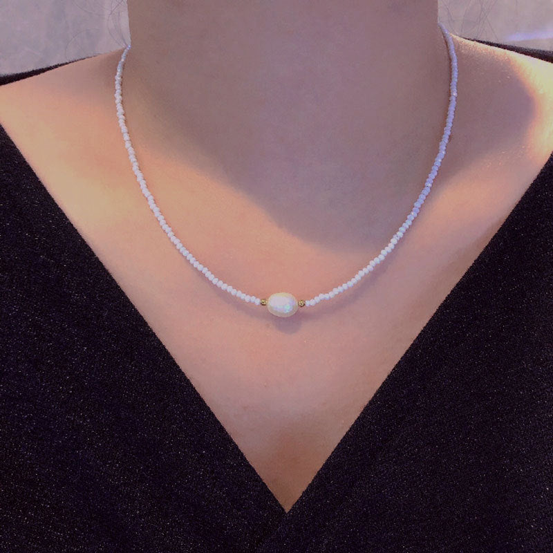 Cross-Border European and American Twin Natural Shell Pearl Necklace Diamond Turquoise Titanium Steel Pendant Color Necklace Female Accessories