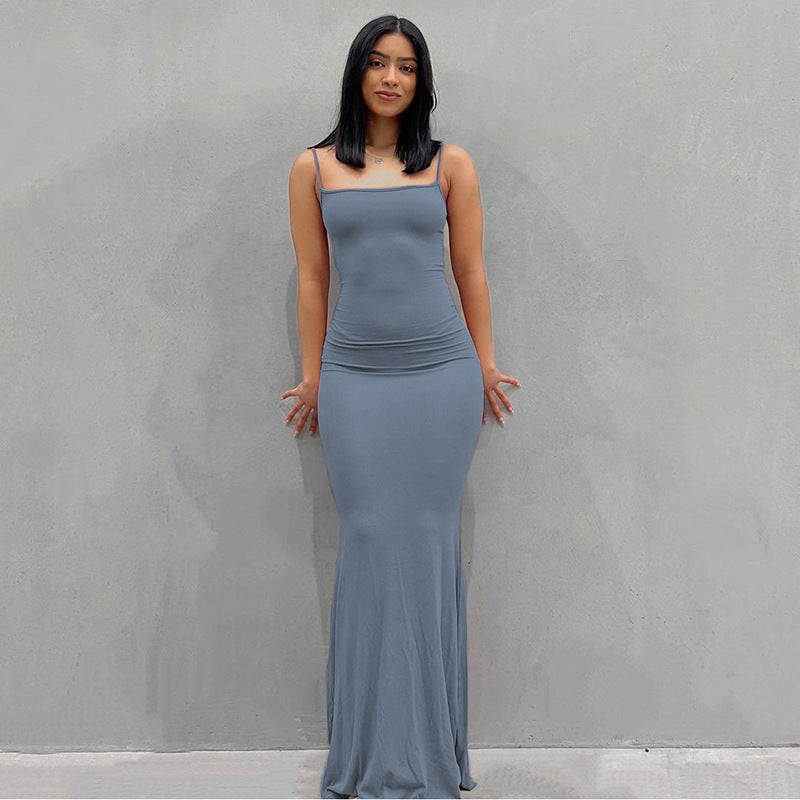 European and American Hot Trade Women's Clothing New Kardashian Skims Solid Color Sexy Slim Peach Hip Sling Summer Dress