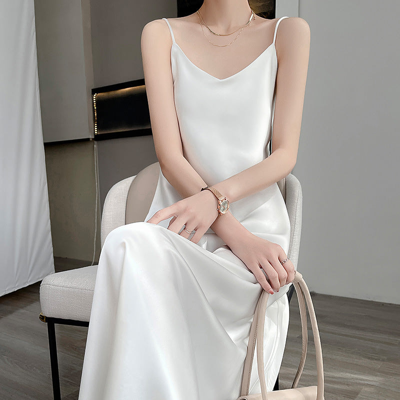 24 New High end Acetic Acid Sling Skirt Women's Long Off Shoulder Satin Sling Dress Mid length Summer Women's Outwear