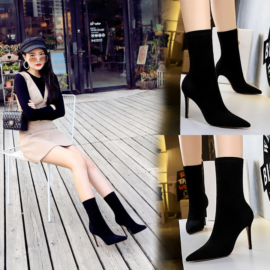 2025 315-8 style fashionable simple pedicure women's boots thin heel high heel suede pointed sexy nightclub thin short boots