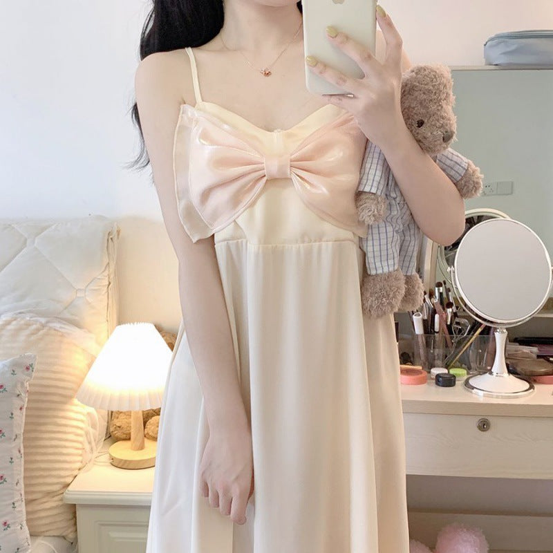2025 Summer pajamas girls sweet and cute suspenders thin bow loose version lazy style nightdress loungewear