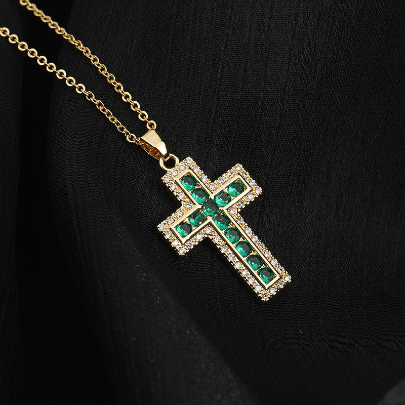 INS Vintage Gold Cross Necklace Personalized Pendant Zircon European and American Style Necklace Special-Interest Design Titanium Steel Clavicle Chain