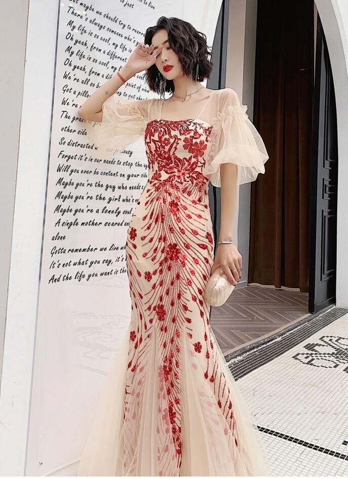 VAKKV Champagne Dress Sequined Embroidered Bridal Wedding Toast Dress Banquet Performance Host Fishtail Dress Adult Ceremony Female