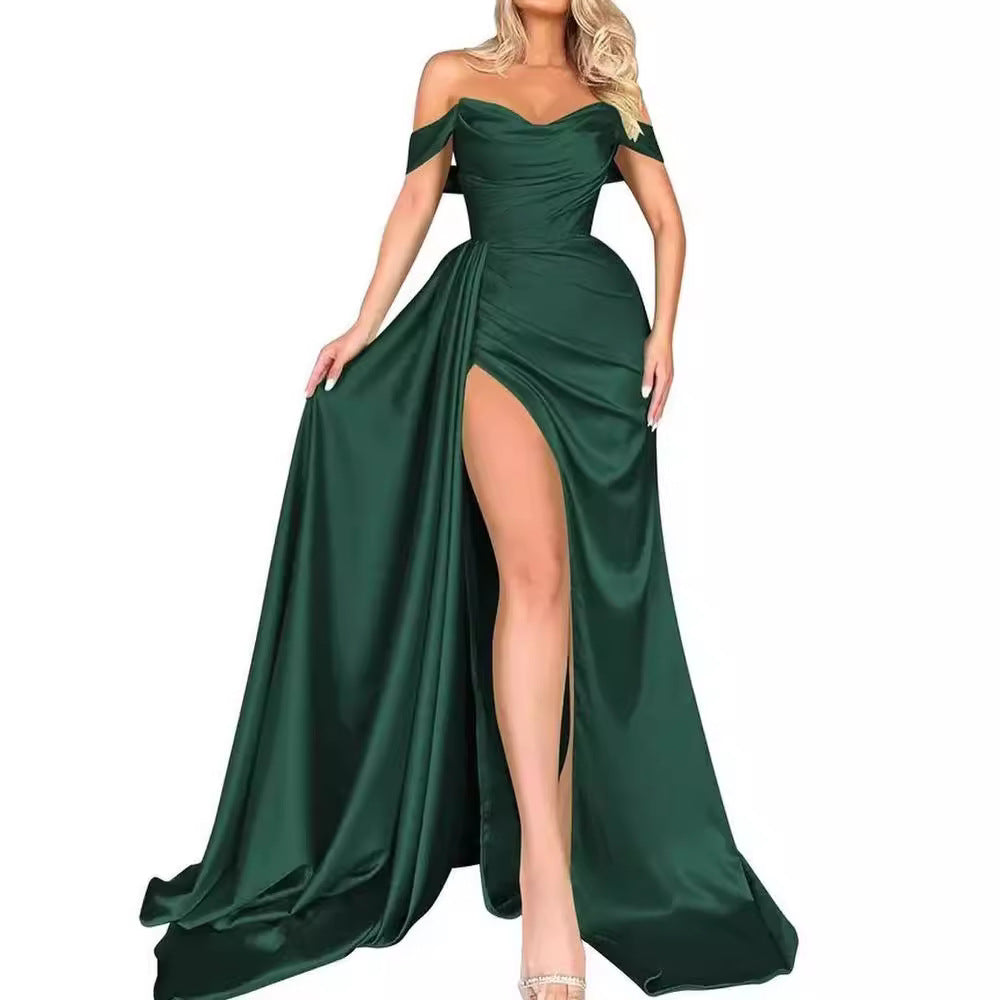 2025 direct sales New Popular trade banquet high split sexy host one-word shoulder thin party evening dress