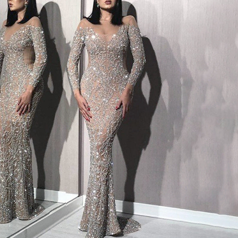 VAKKV Cross-Border Spring New European and American Foreign Trade Women's Clothing Bronzing Long Sleeve Slim Sexy Dress Banquet Evening Dress