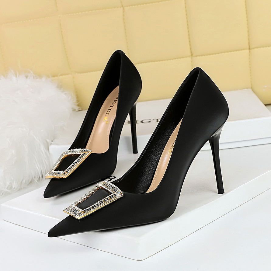 2025 3265-K8 Korean version of fashion banquet high heels thin heel shallow mouth pointed metal buckle rhinestone buckle high heel single shoes women