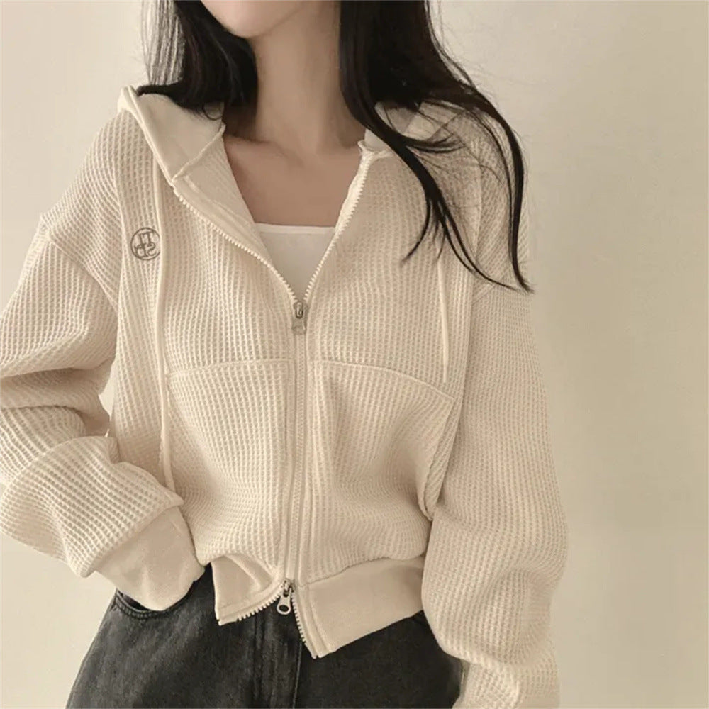 VAKKV Manufacturer Small loose zipper cardigan jacket Large size clothes Korean version hooded thin waffle sweater women