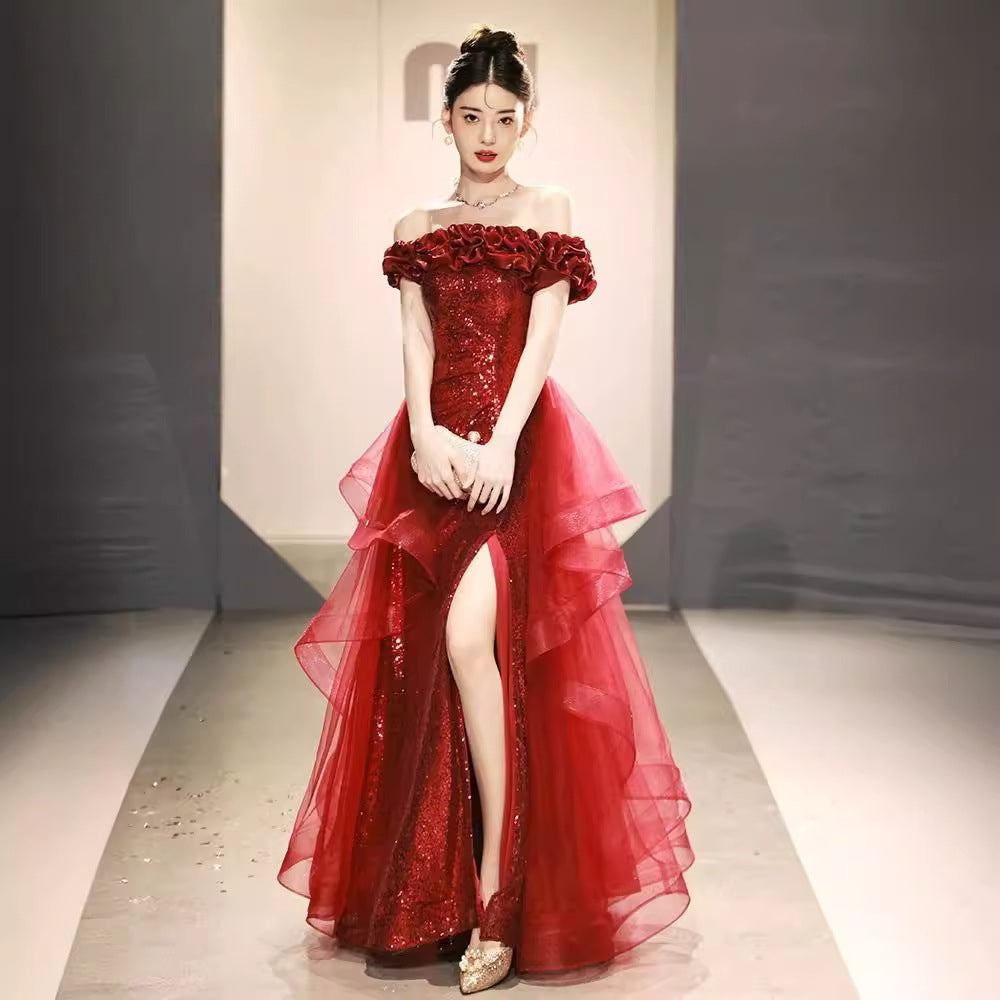 VAKKV Black off-Shoulder Evening Dress New Light Luxury Sequined High Sense Banquet Host Art Exam Annual Meeting Dress