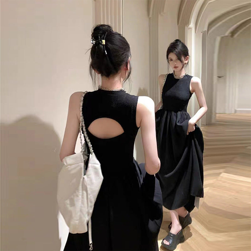 Black Sleeveless Style Retro Elegant Hepburn Dress Women's Summer Design Vest Niche Backless Long Skirt