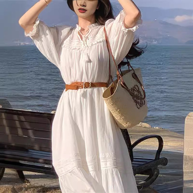 VAKKV Lace Hollow-out Cinched Doll Princess Dress White Dress Female Design Sense Niche Vacation Fairy Skirt