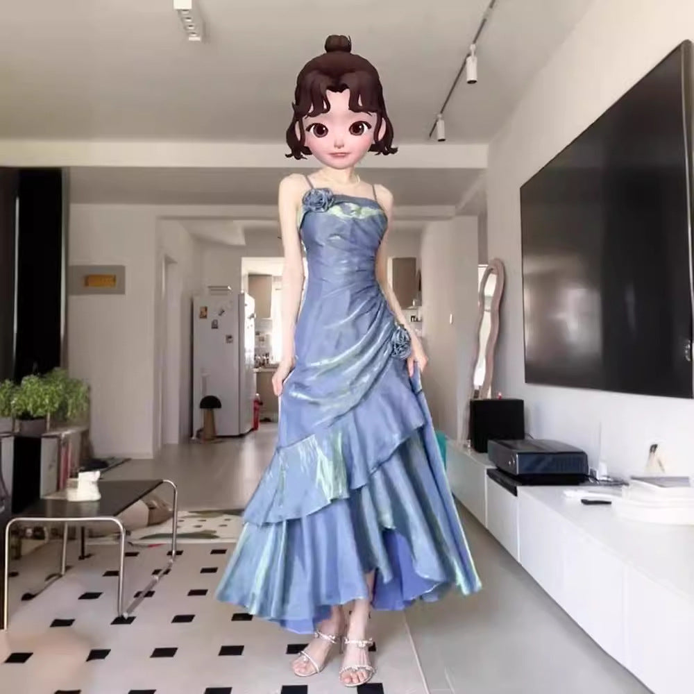 VAKKV Evening Dress New Style Mermaid Blue Sling Dress Women's Summer Princess Birthday Dress