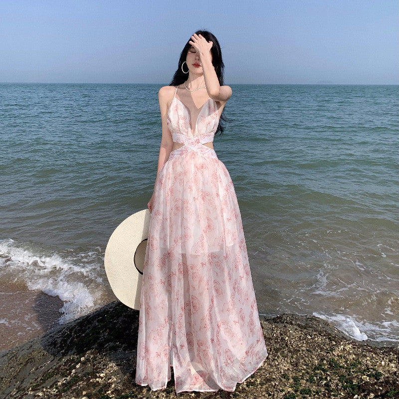 2025 Coffee break gentle wind seaside vacation fairy style beautiful pink floral waist suspender dress female summer