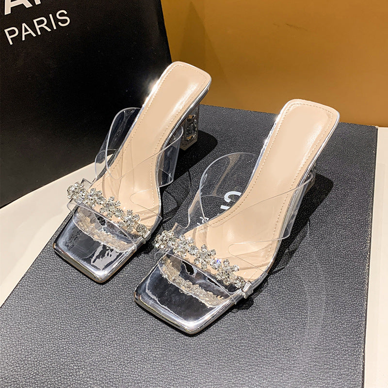 Square Toe Rhinestones Strap High Heels Women's Summer New Chunky Heel Transparent Crystal Heel Sandals Slip-on
