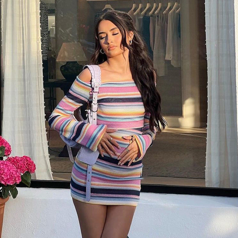 VAKKV 2025 YD095 popular 2022 autumn new product sexy contrasting stripes long sleeves slim and thin dress women