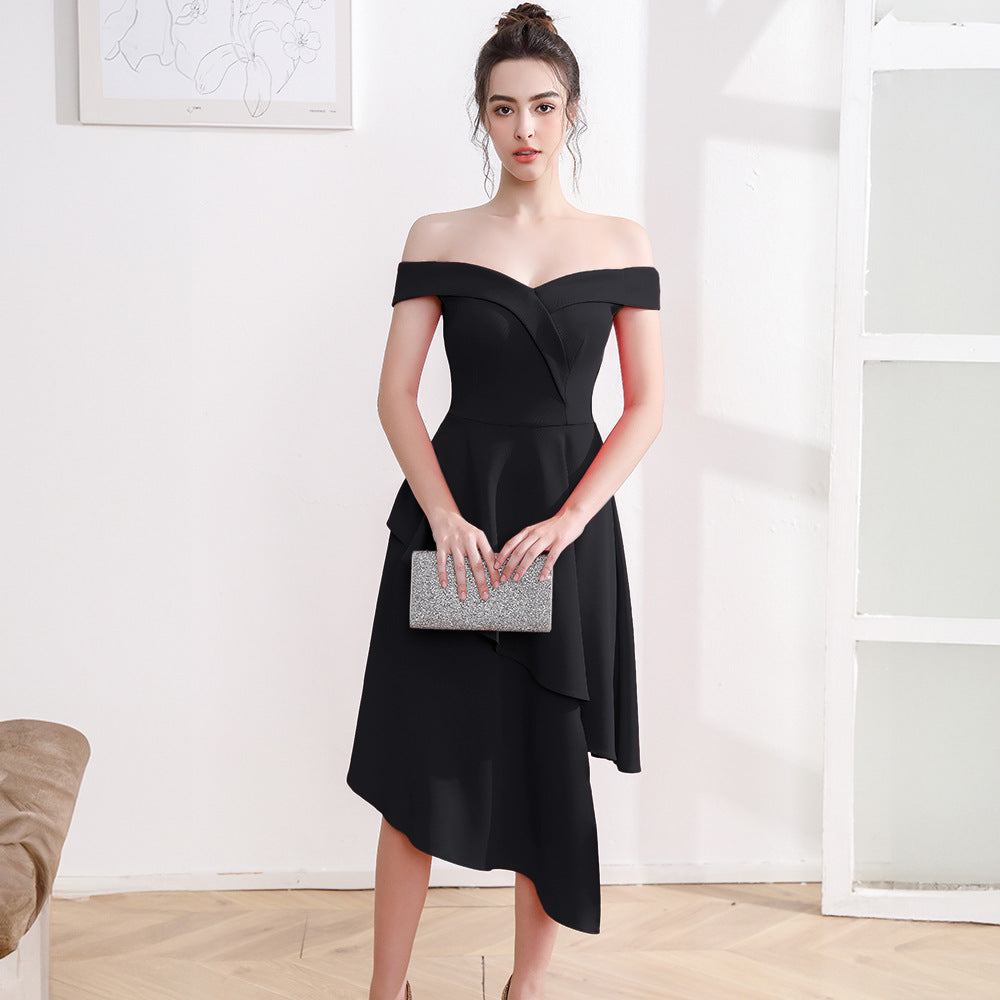 VAKKV Evening Dress Women's Small off-Shoulder Mid-Length Slimming Company Annual Meeting Host Irregular Hem Dress