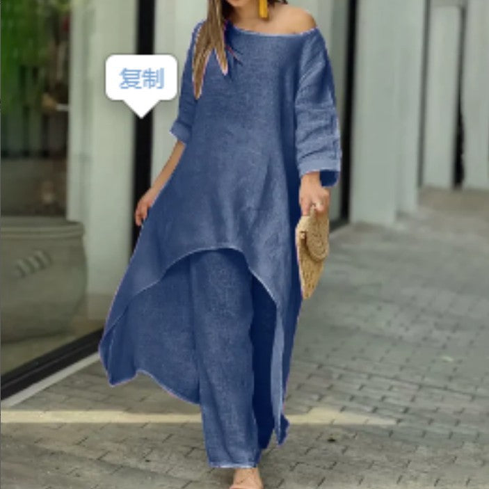 European and American New Women's Clothing Cotton and Linen Fashion Casual plus Size Irregular Long Sleeve Suit Wide Leg Pants Two-Piece Set