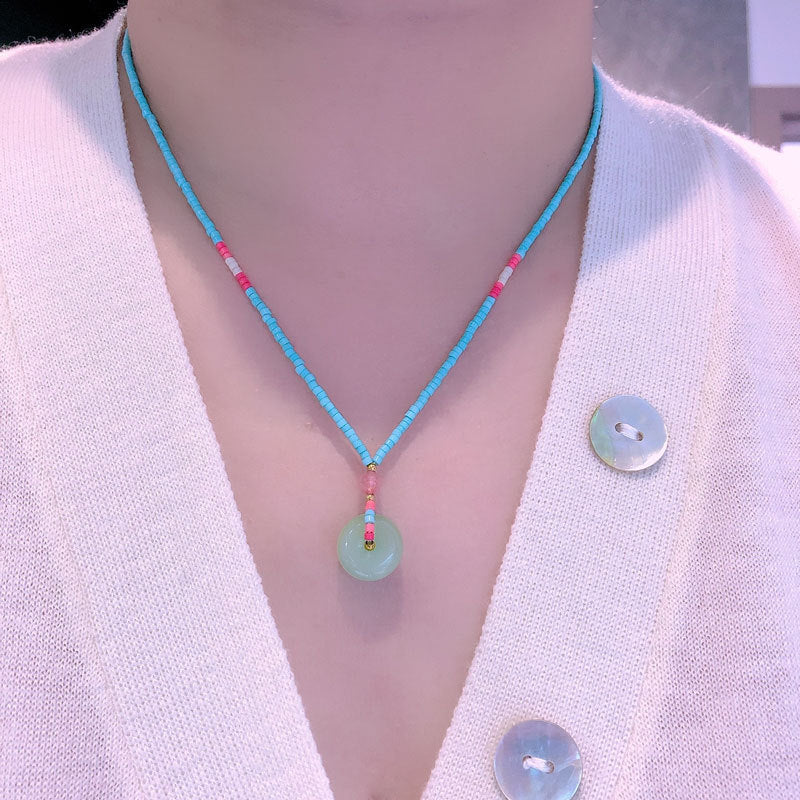 Cross-Border European and American Twin Natural Shell Pearl Necklace Diamond Turquoise Titanium Steel Pendant Color Necklace Female Accessories