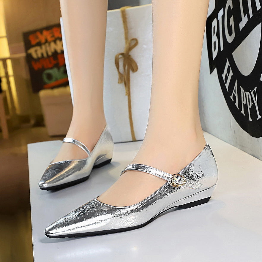 VAKKV 2025 3683-13 Fashion temperament women's shoes, shallow mouth, style, slope heel, oblique word with decorative hand-scratched low-heeled single shoes