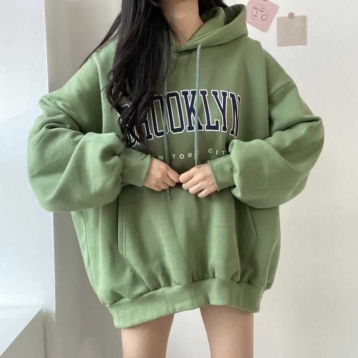 VAKKV Manufacturer tide brand Korean version letter hooded loose spring autumn and winter sweater women's medium and long velvet Japanese solid color lazy thin