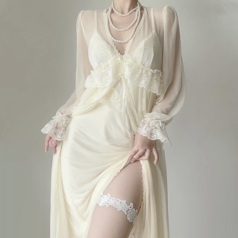 2025 Vintage morning robe female bride new sexy lace high-end ice silk mesh summer pure desire pajamas two-piece set