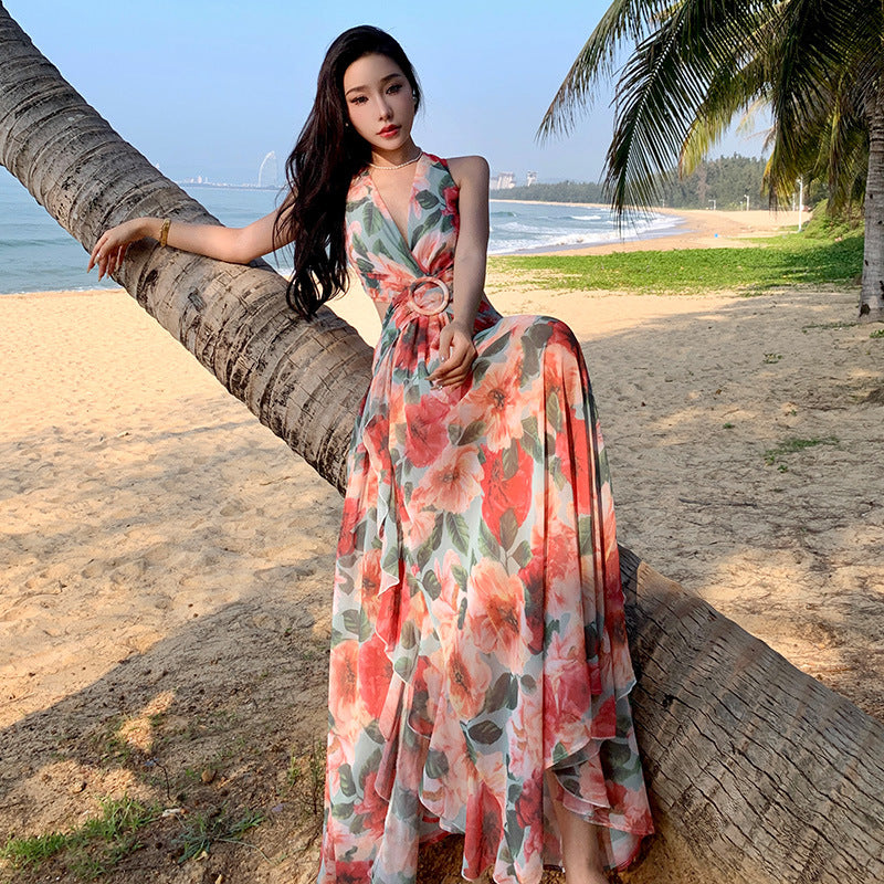 2025 Stunning coffee break lace-up dress super fairy gentle and sweet vacation travel photo halter fairy dress