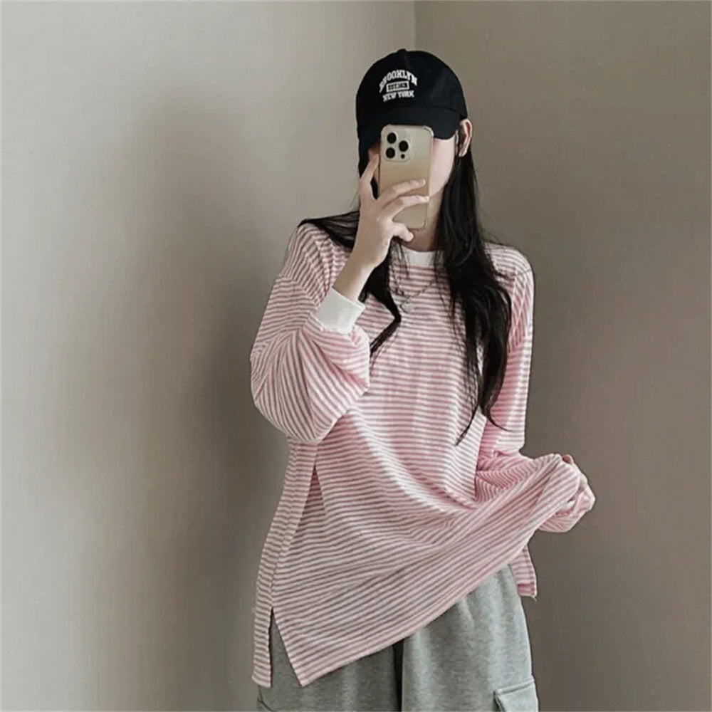 VAKKV Manufacturer's reversion Korean version of round neck striped sweater women's spring and autumn loose design sense versatile thin jacket trendy brand velvet