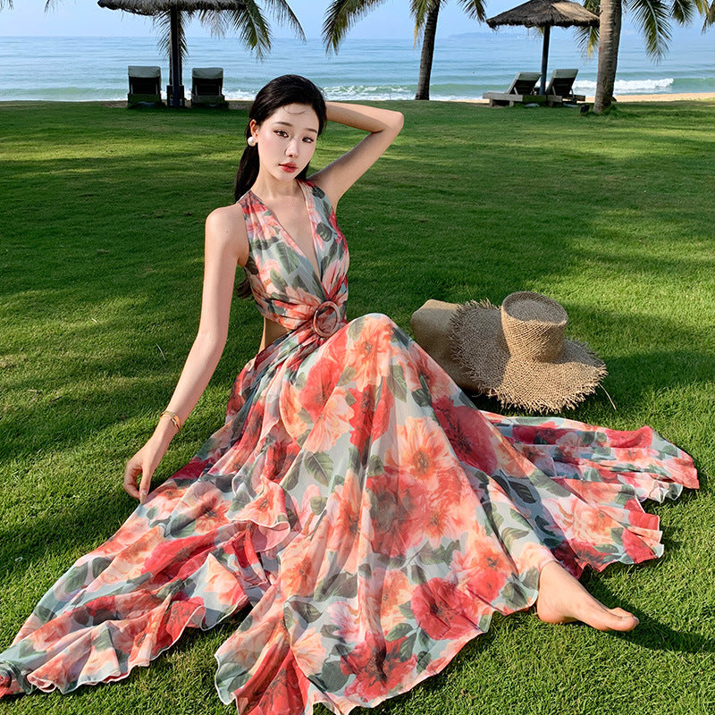 2025 Stunning coffee break lace-up dress super fairy gentle and sweet vacation travel photo halter fairy dress