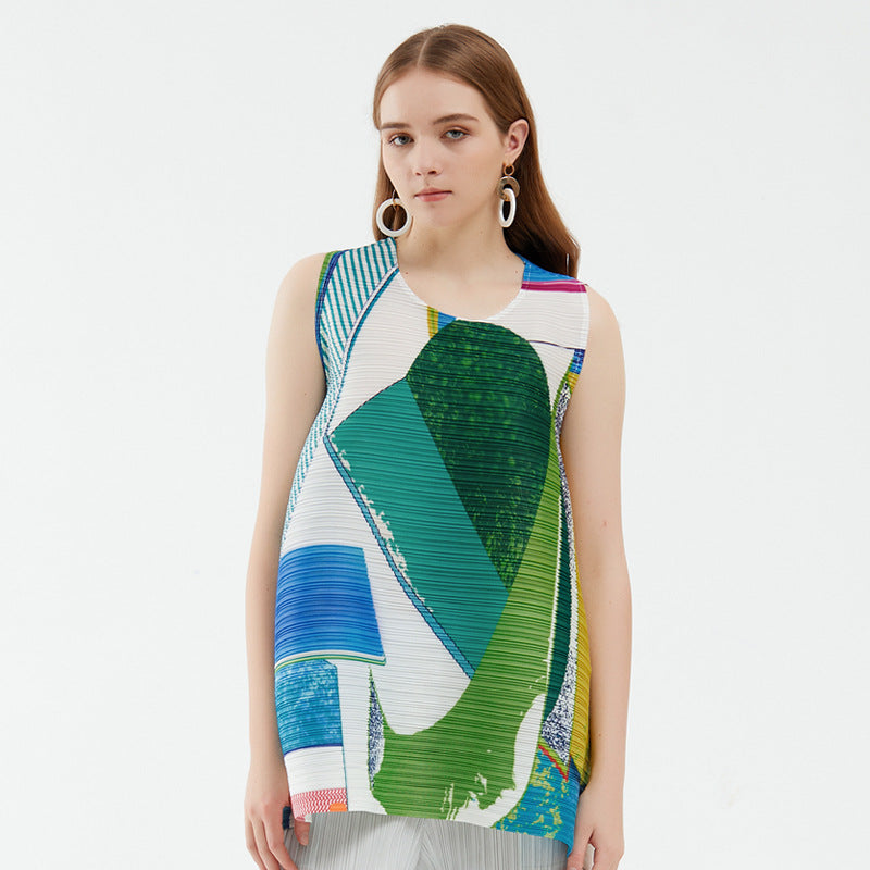 summer new pleated women's clothing design sense round neck printed vest pullover loose casual t-shirt top women