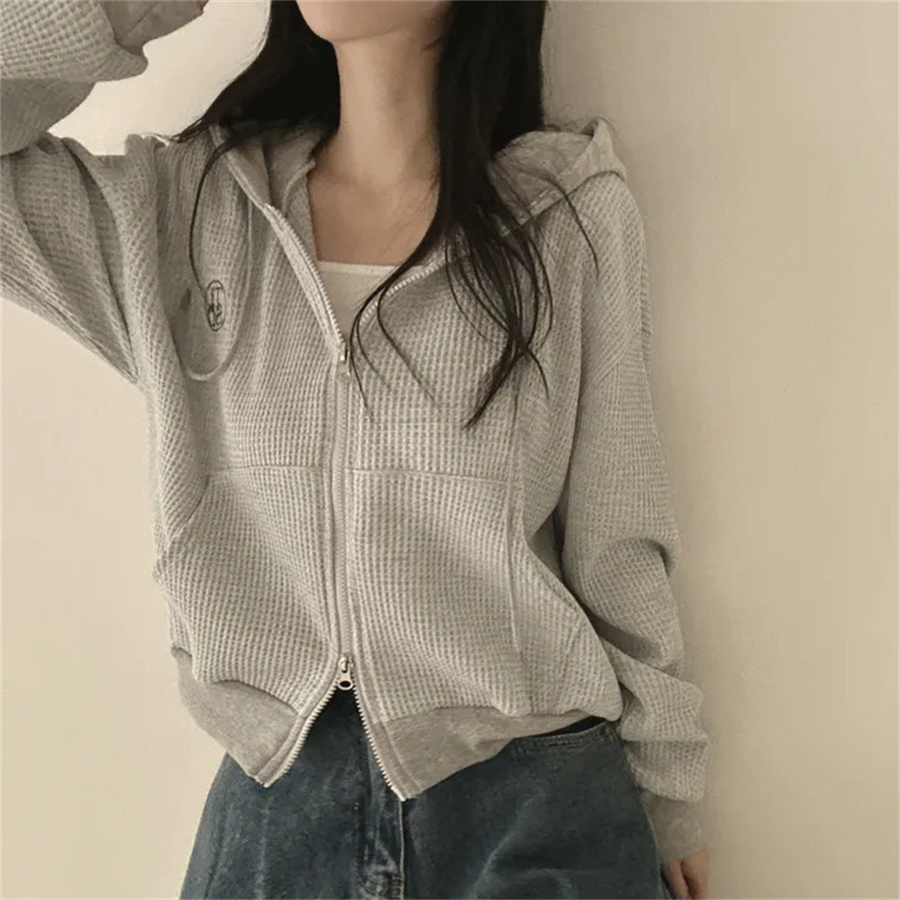 VAKKV Manufacturer black small loose zipper cardigan jacket on clothes Korean version hooded thin waffle sweater women