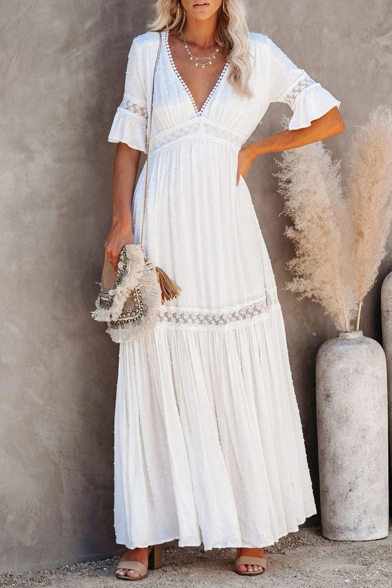 VSKKV 2021 European and American Spring and Summer New Short Sleeve Dress Women's Foreign Trade Solid Color Lace V-neck Dress