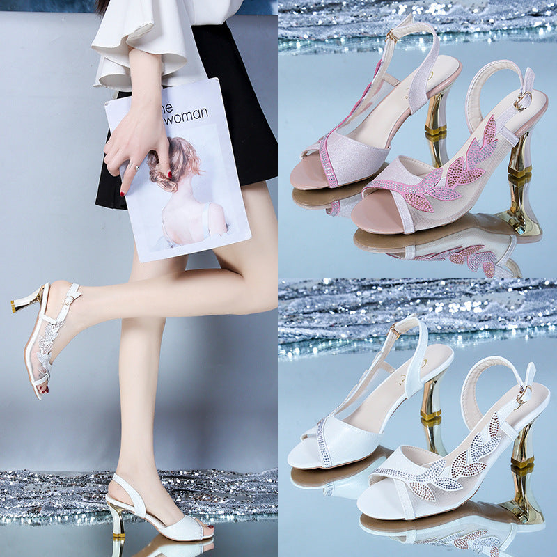 Online Influencer Fashion Elegant High Heel Sandals Summer New Women's Korean-Style Sequined Buckle Mother Lady Sandals