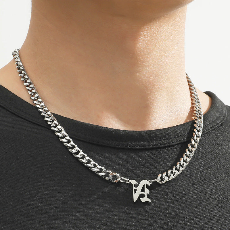 Cross-Border Hot Selling Stainless Steel English Letter Pendant Necklace Ins Cuban Necklace Hip Hop Street Trend New Product
