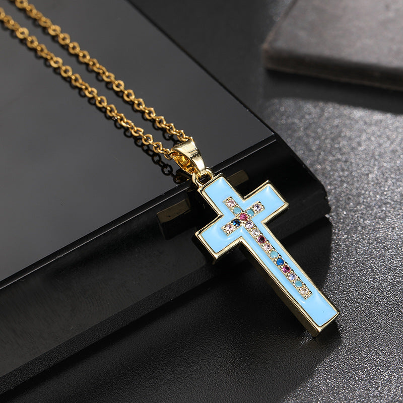 INS Vintage Gold Cross Necklace Personalized Pendant Zircon European and American Style Necklace Special-Interest Design Titanium Steel Clavicle Chain