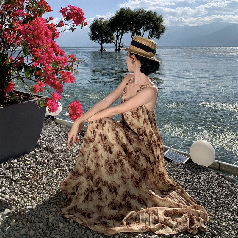 2025 Retro rose print seaside vacation wind beaded suspender dress women's summer lazy casual loose beach dress