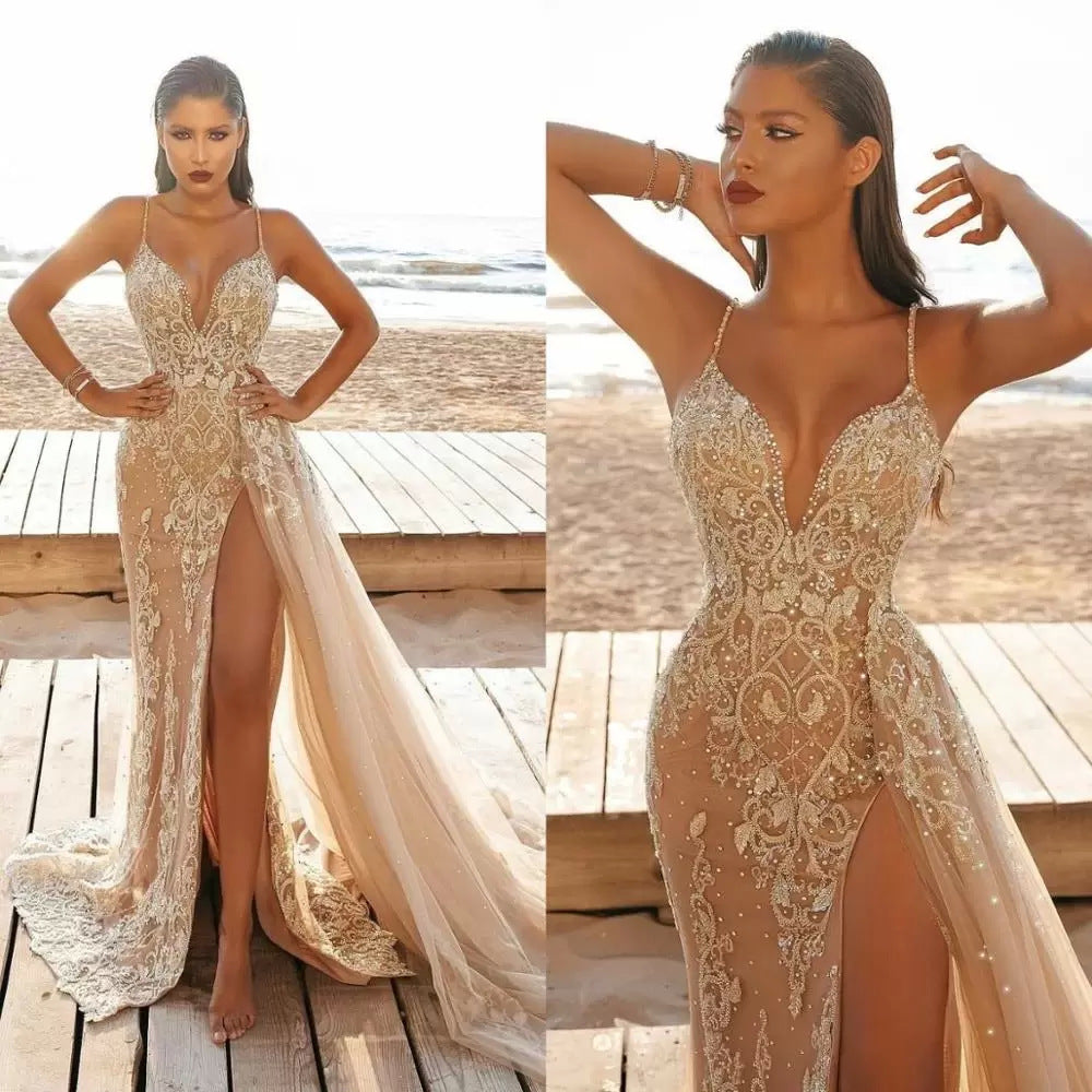 2025 Cross-border Summer New 2025 Women's Sexy Suspender Dress Sleeveless V-Neck Split Lace Hollow, Long Dress