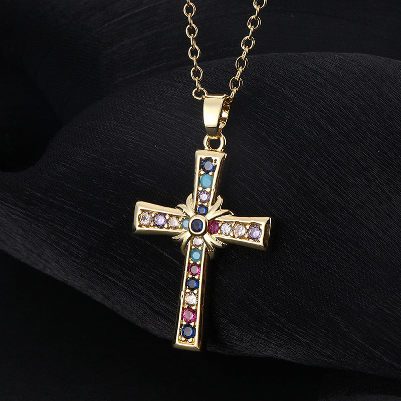 INS Vintage Gold Cross Necklace Personalized Pendant Zircon European and American Style Necklace Special-Interest Design Titanium Steel Clavicle Chain