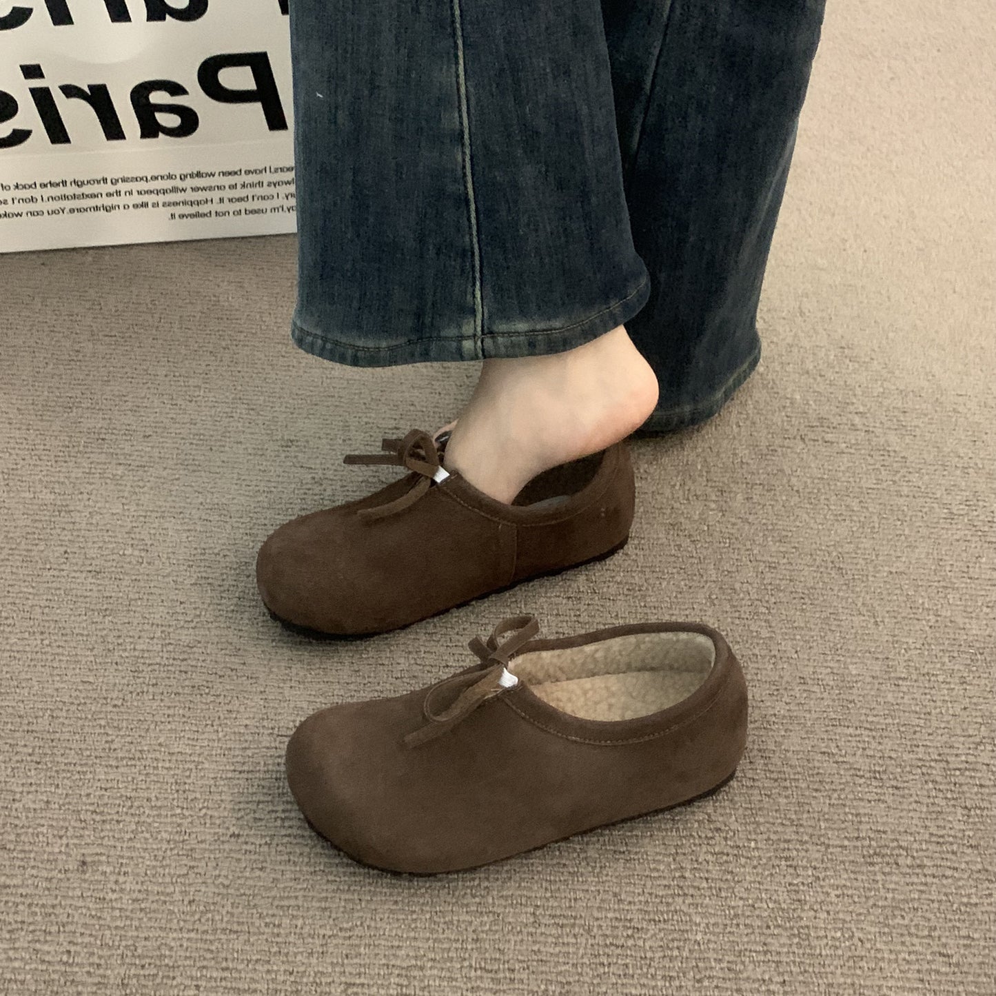 2025 In the evening wind, it increases in height, thick-soled leopard print and velvet Birkenstocks, and wears ugly and cute deep-mouth Doudou cotton shoes outside in autumn and winter
