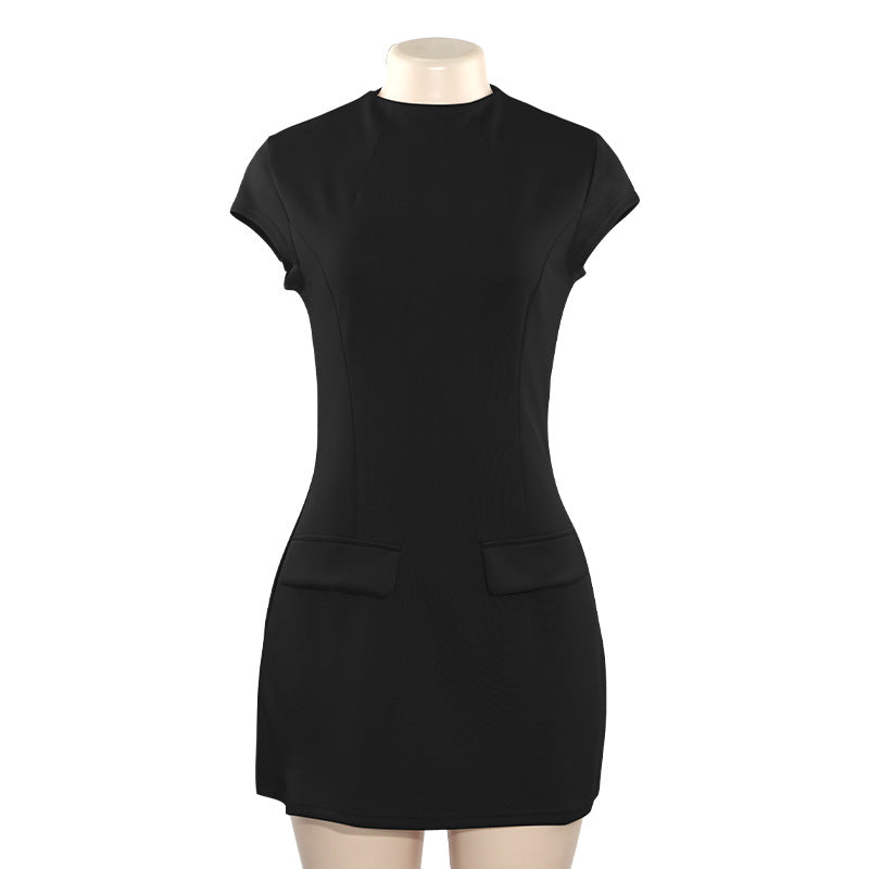 A254ds European and American Summer New Solid Color round Neck Slim-Fitting Patchwork Short Sleeve Sexy High Waist Short Dress