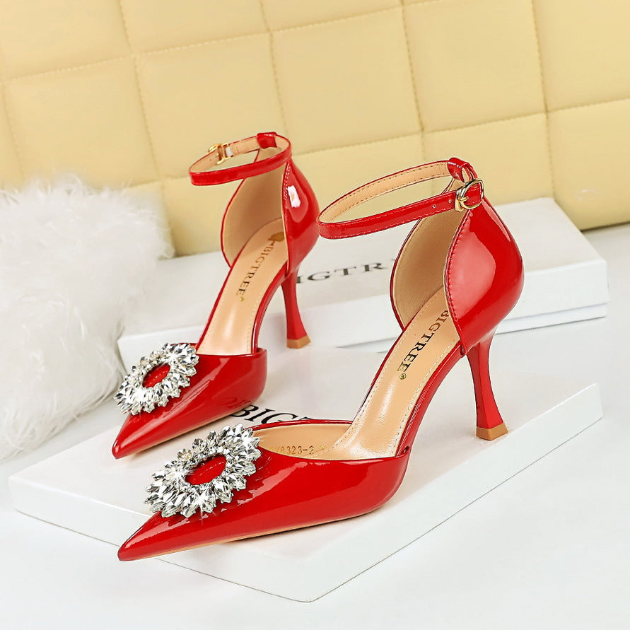 2025 8323-K29 style high heels, shallow mouth pointed head hollow sunflower rhinestone buckle with sandals women's high heels