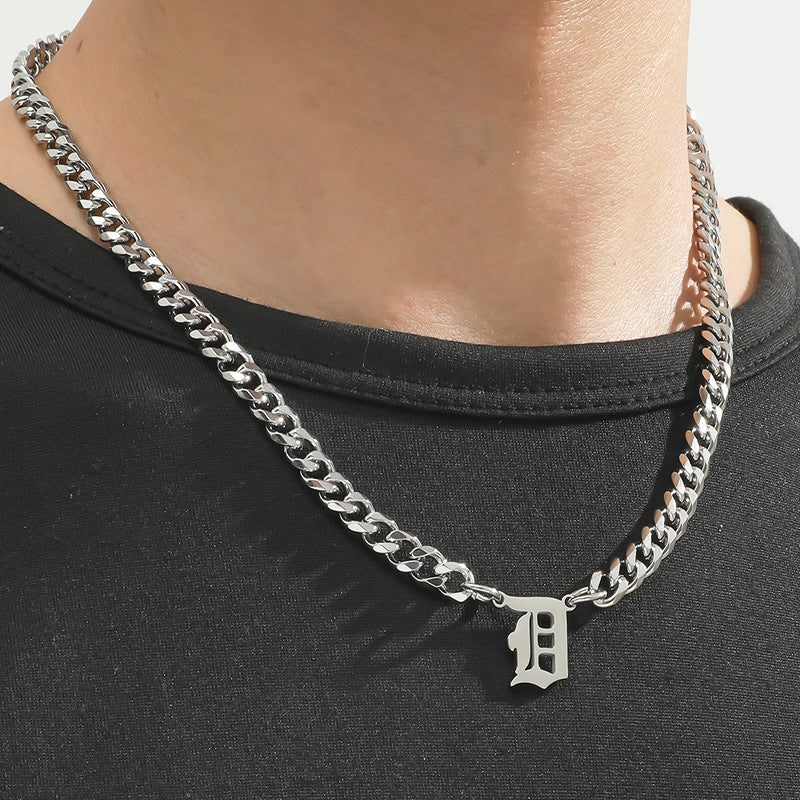 Cross-Border Hot Selling Stainless Steel English Letter Pendant Necklace Ins Cuban Necklace Hip Hop Street Trend New Product