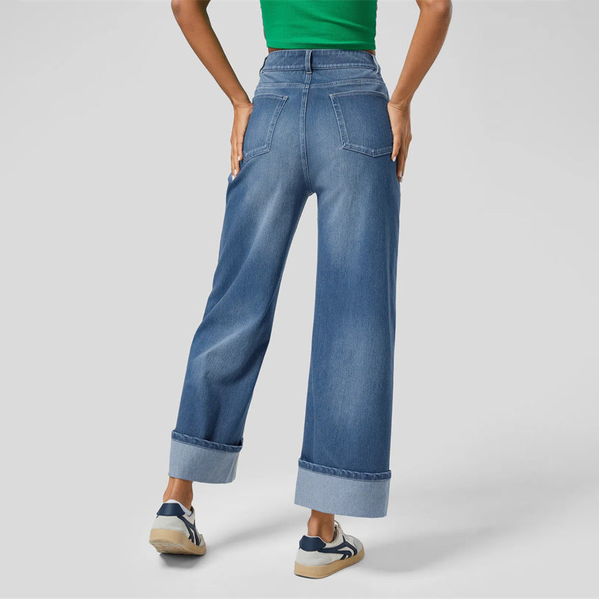 VAKKV 2025 Spring New 2025 Cross-border Fashion High Waist Pants Curled Straight Jeans Women's Casual Wide Leg Pants