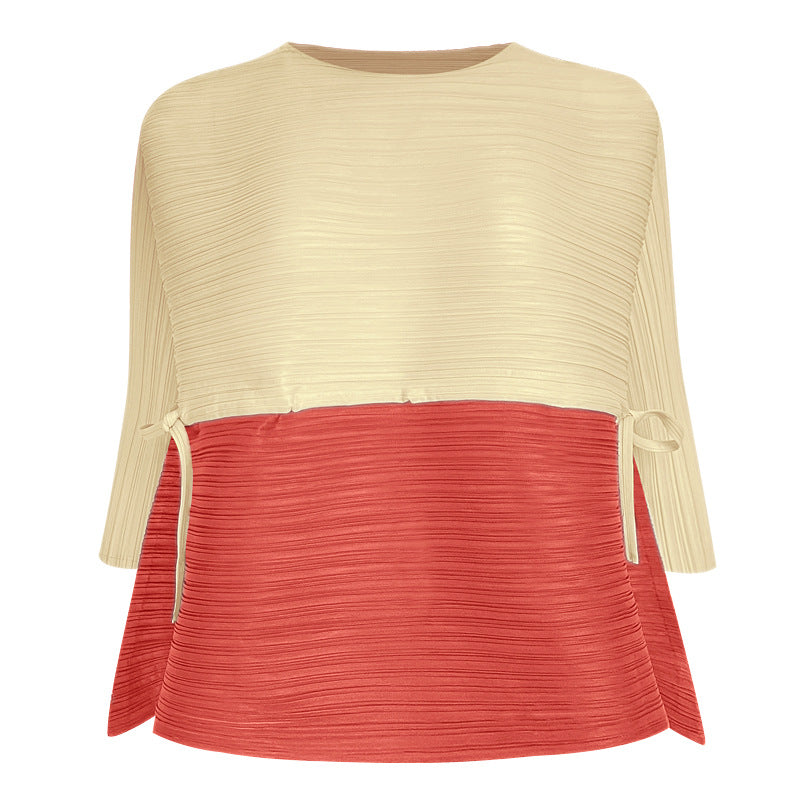 High-end splicing drawstring top, new spring spring loose contrasting color T-shirt, niche design women's clothing