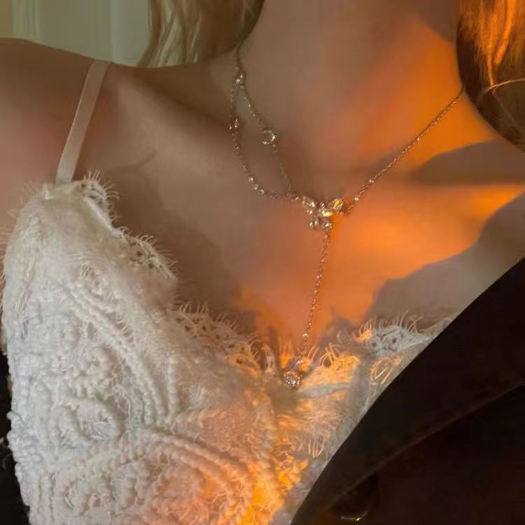 S925 Silver Light Luxury Necklace Versatile Trendy Clavicle Chain Female Butterfly Simple Niche High Sense Elegant Sweater Chain Ornament