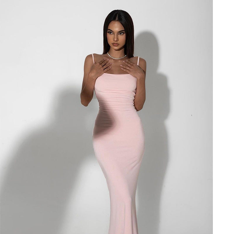 VAKKV 2025 AC007 comfortable and casual back suspender dress, sleeveless one-word collar slim lady medium and long dress new